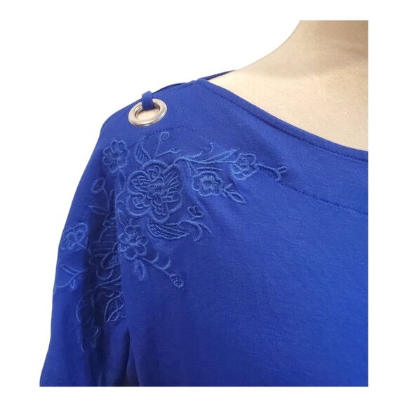 CABLE & GAUGE SZ M Cobalt Blue Grommet Sleeve Embroidered Boat Neck Top Shirt - Picture 2 of 6
